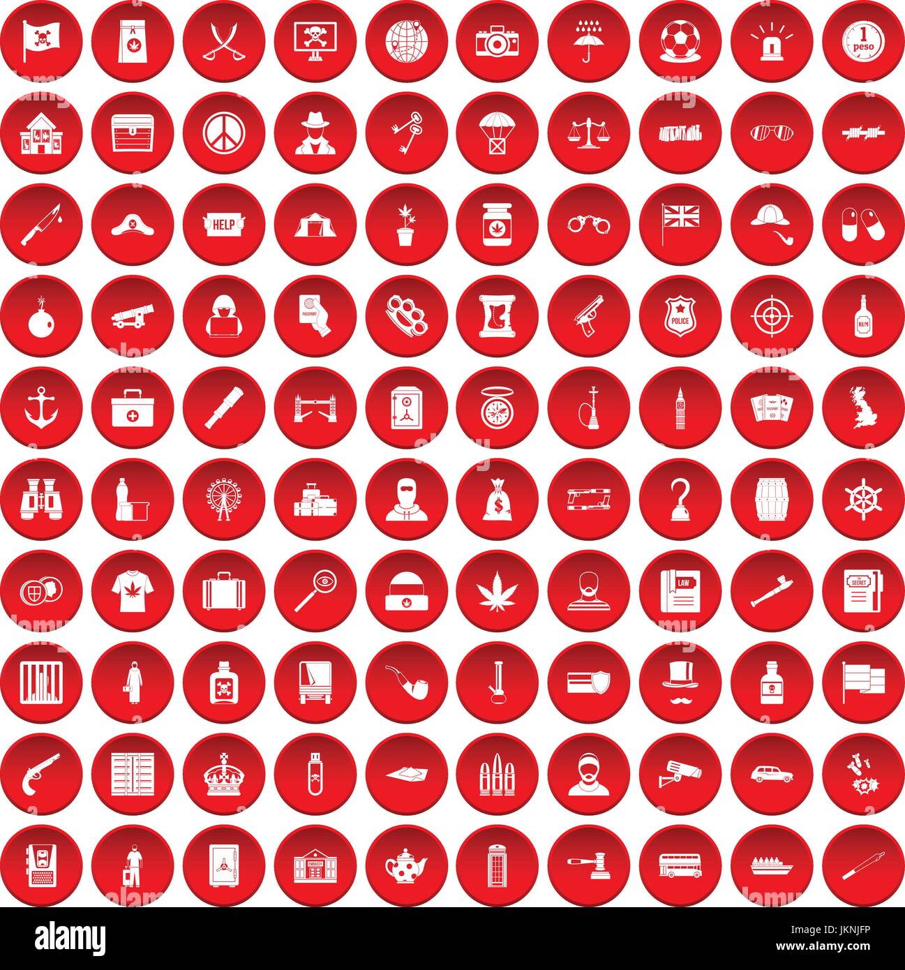100 offence icons set in red circle isolated on white vector ...