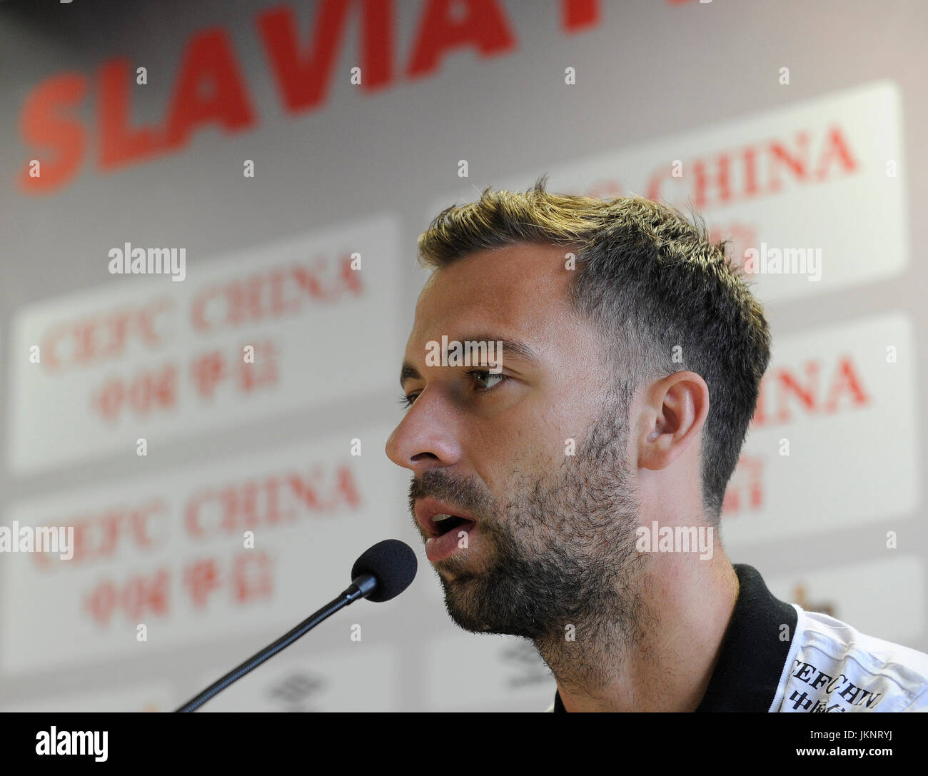 Prague, Czech Republic. 24th July, 2017. Player of Slavia Josef Husbauer speaks during the press conference prior to the third qualifying round match SK Slavia Praha vs FC BATE Borisov within UEFA Champions League in Prague, Czech Republic, on Monday, July 24, 2017. Credit: Ondrej Deml/CTK Photo/Alamy Live News Stock Photo