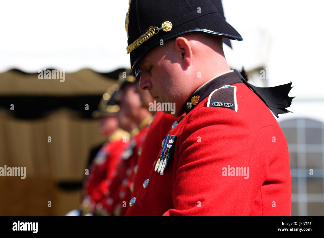 Builth Wells, Wales, UK. 24th July, 2017. Royal Welsh Show: Members of the band of the Royal Welsh regiment at the opening day of the largest four day agricultural show in Wales. Photo Steven May / Alamy Live News Stock Photo