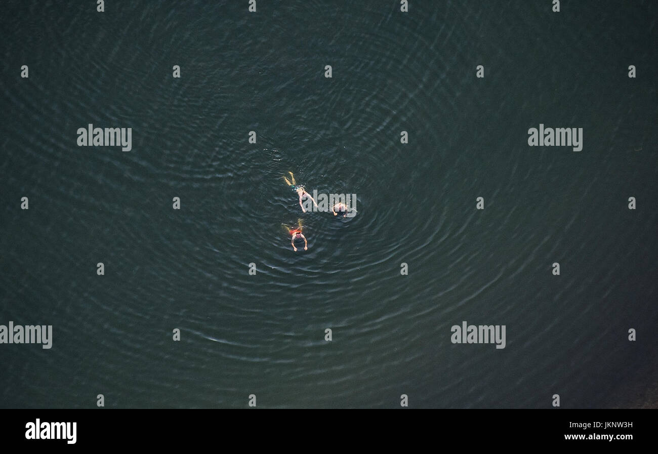 Salzgitter-Lebenstedt, Germany. 19th July, 2017. People swim in Salzgitter Lake near Salzgitter-Lebenstedt, Germany, 19 July 2017. (Aerial View taken with an ultralight aircraft) Photo: Silas Stein/dpa/Alamy Live News Stock Photo