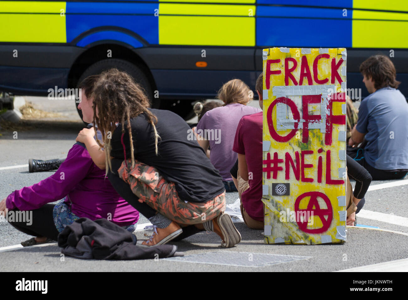 Plumpton, Blackpool, Lancashire, UK. 24th July, 2017. Protests continue at Caudrilla Experimental Shale Gas site as up to four demonstrators have been arrested for obstructing the highway.  The shale gas site in Westby-by Plumpton is the subject of ongoing demonstrations and picketing of supply and delivery vehicles.  With the site expecting deliveries later this week of the Carousel Drilling Rig the numbers of protestors are expected to increase substantially. Credit: MediaWorldImages/Alamy Live News Stock Photo