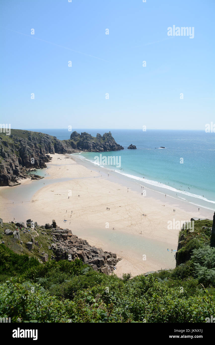 Treen, Cornwall, UK. 24th July 2017. UK Weather. With monday looking to be the best day of the week, tourists made their way down to the turquoise waters at Treen Beach, with many German holiday makers amongst them. Credit: cwallpix/Alamy Live News Stock Photo