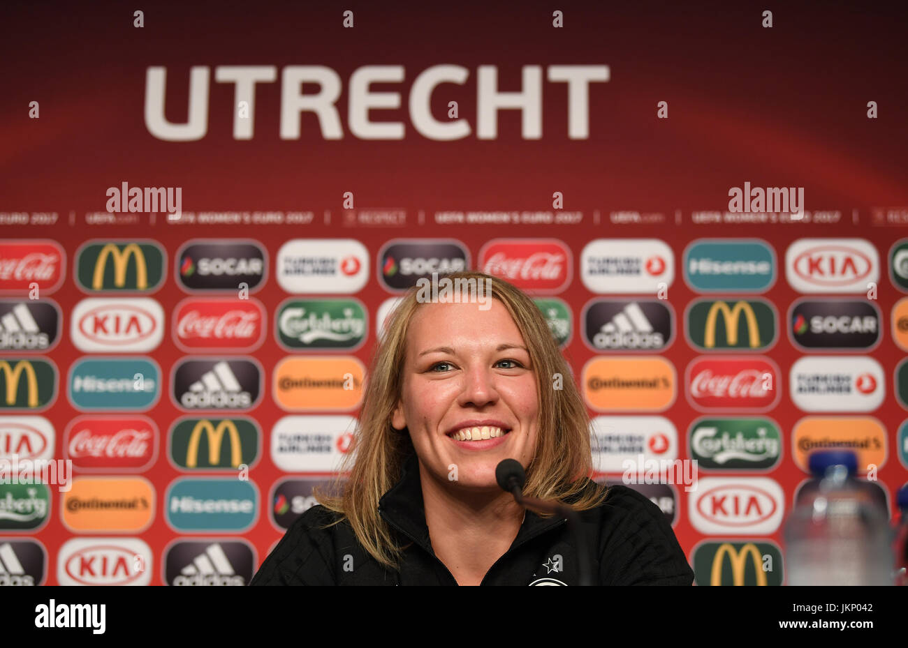 Germany's Kristin Demann laughing during a UEFA press conference at the stadium in Utrecht, the Netherlands, 24 July 2017. Photo: Carmen Jaspersen/dpa Stock Photo