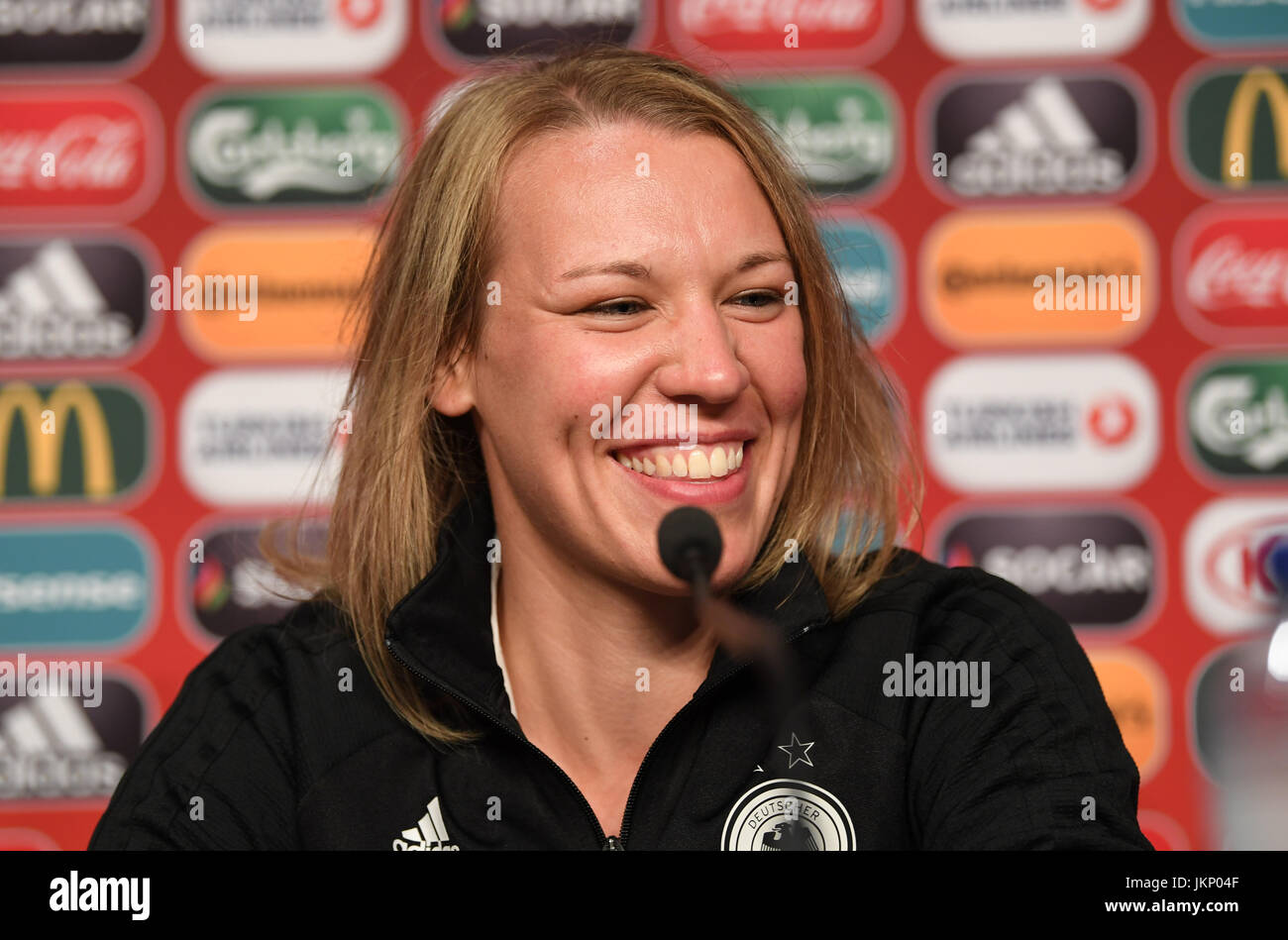 Germany's Kristin Demann laughing after a UEFA press conference at the stadium in Utrecht, the Netherlands, 24 July 2017. Photo: Carmen Jaspersen/dpa Stock Photo