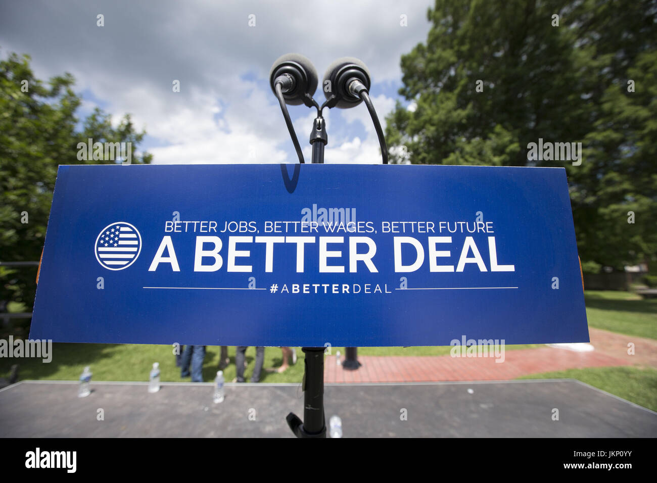 Berryville, Virginia, USA. 24th July, 2017. The podium at a press conference held by Congressional Democratic Leadership as they introduce 'A Better Deal: Better Jobs, Better Wages, Better Future', their new economic agenda at Rose Hill Park in Berryville, Virginia Credit: Alex Edelman/ZUMA Wire/Alamy Live News Stock Photo