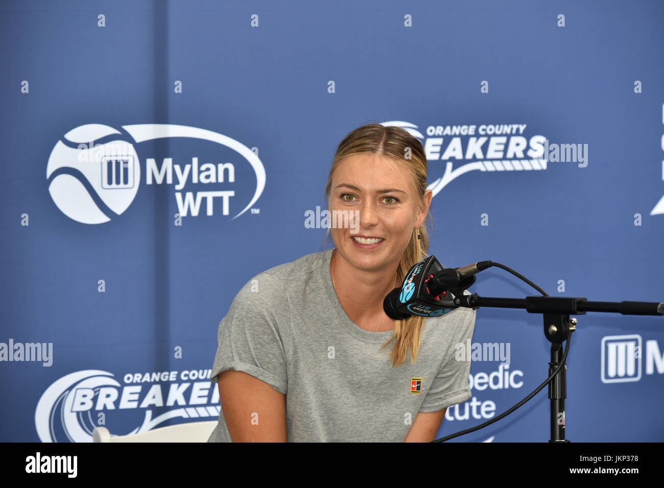 Maria Sharapova, playing World Team Tennis for the Orange County Breakers in Newport Beach California holds a press conference to discuss her current injury and comeback plans for the tour. She is playing this evening for two sets. Stock Photo
