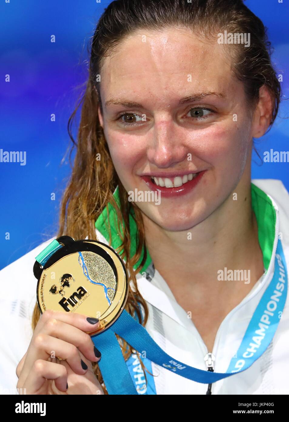 Budapest 24th July 2017 Katinka Hosszu Of Hungary Shows Her Gold Medal After The Awarding Ceremony For The Women S 200m Individual Medley Final Of Swimming At The 17th Fina World Championships In