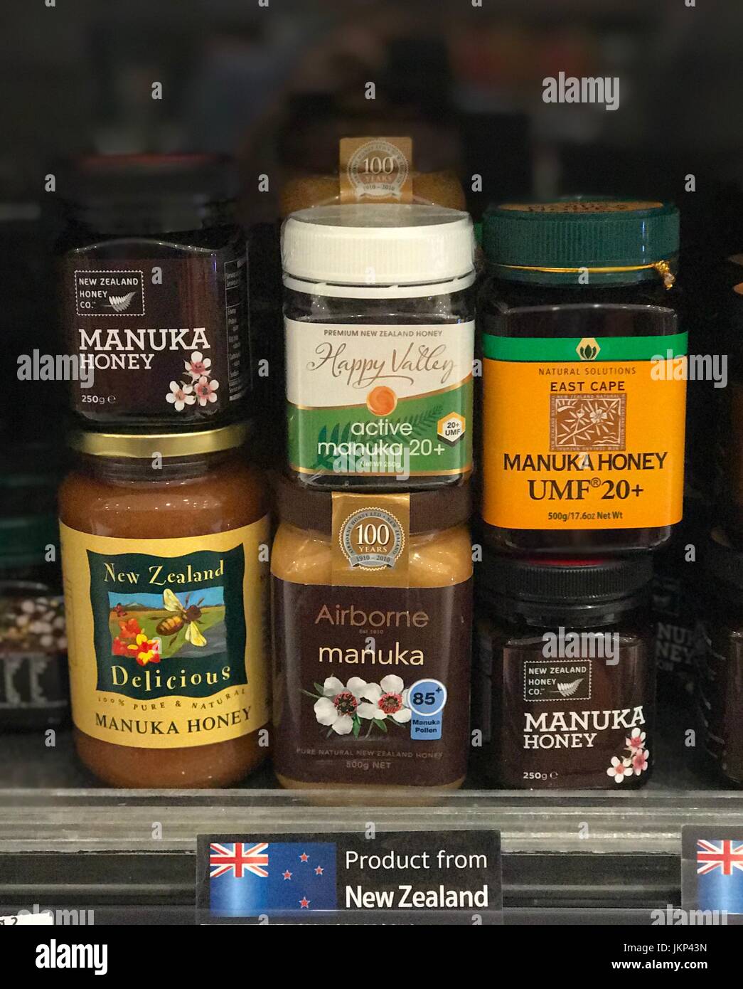 Bangkok, Thailand. 15th July, 2017. Jars of manuka honey on a shelf at