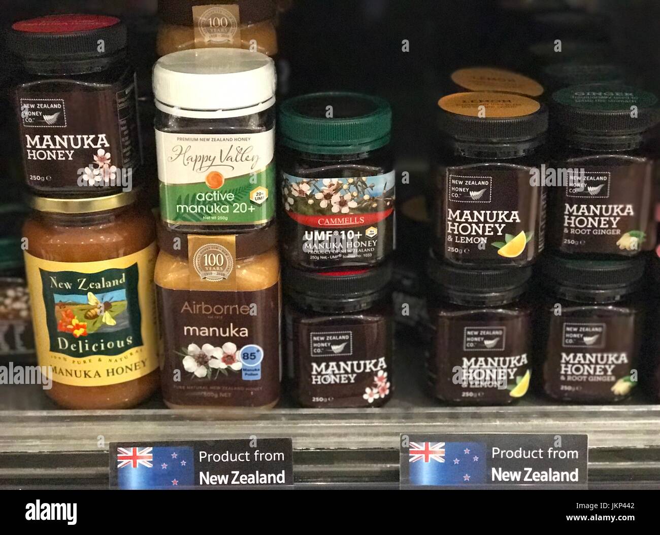 Bangkok, Thailand. 15th July, 2017. Jars of manuka honey on a shelf at