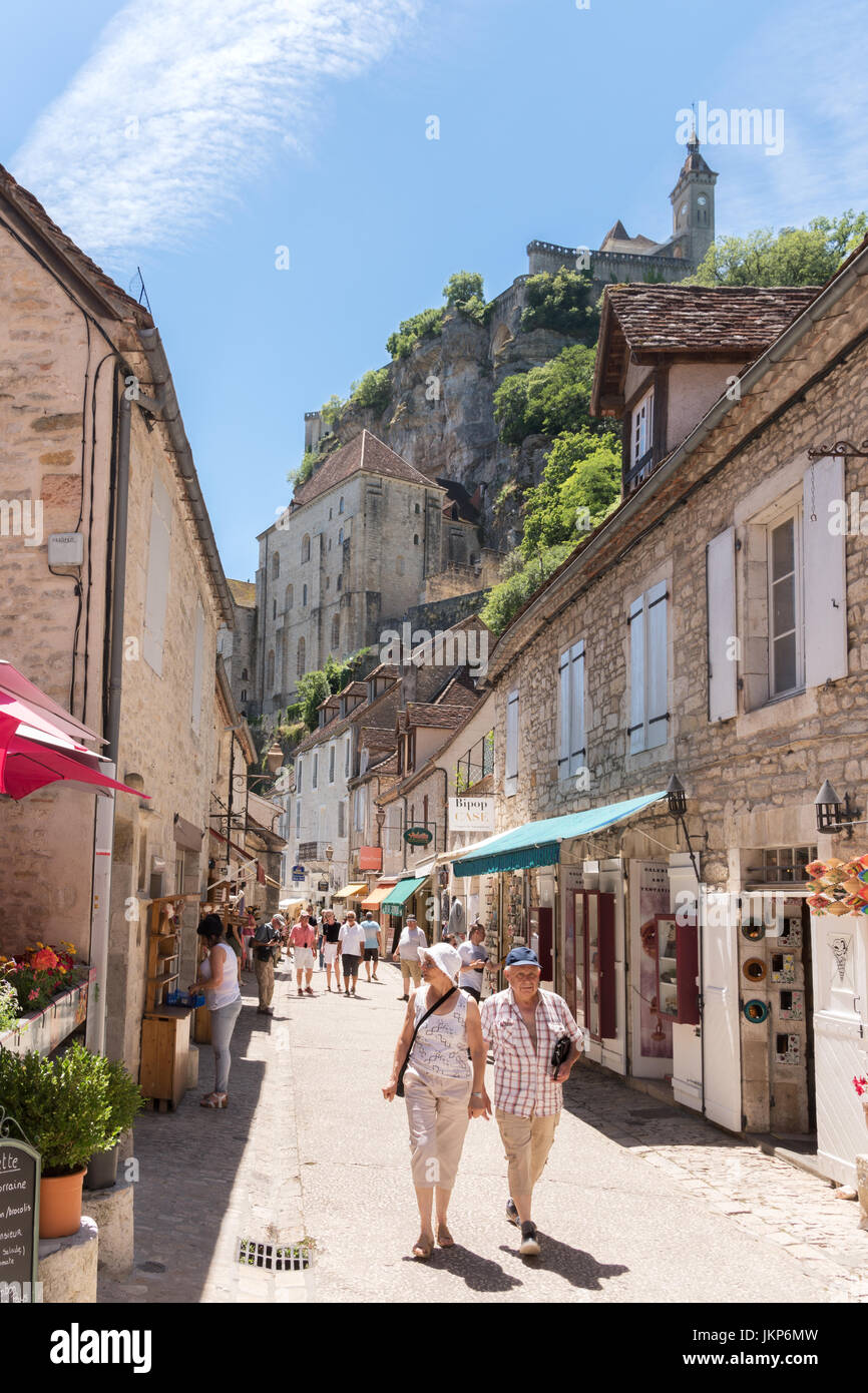Visitors walking through the clifftop village of Rocamadour in southern France, Europe Stock Photo