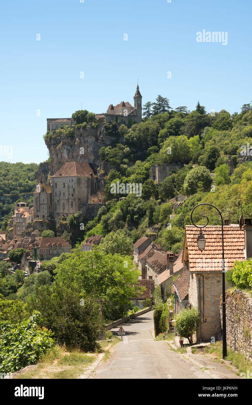 View along Au Fond de la Côte towards the clifftop village of Rocamadour in southern France, Europe Stock Photo