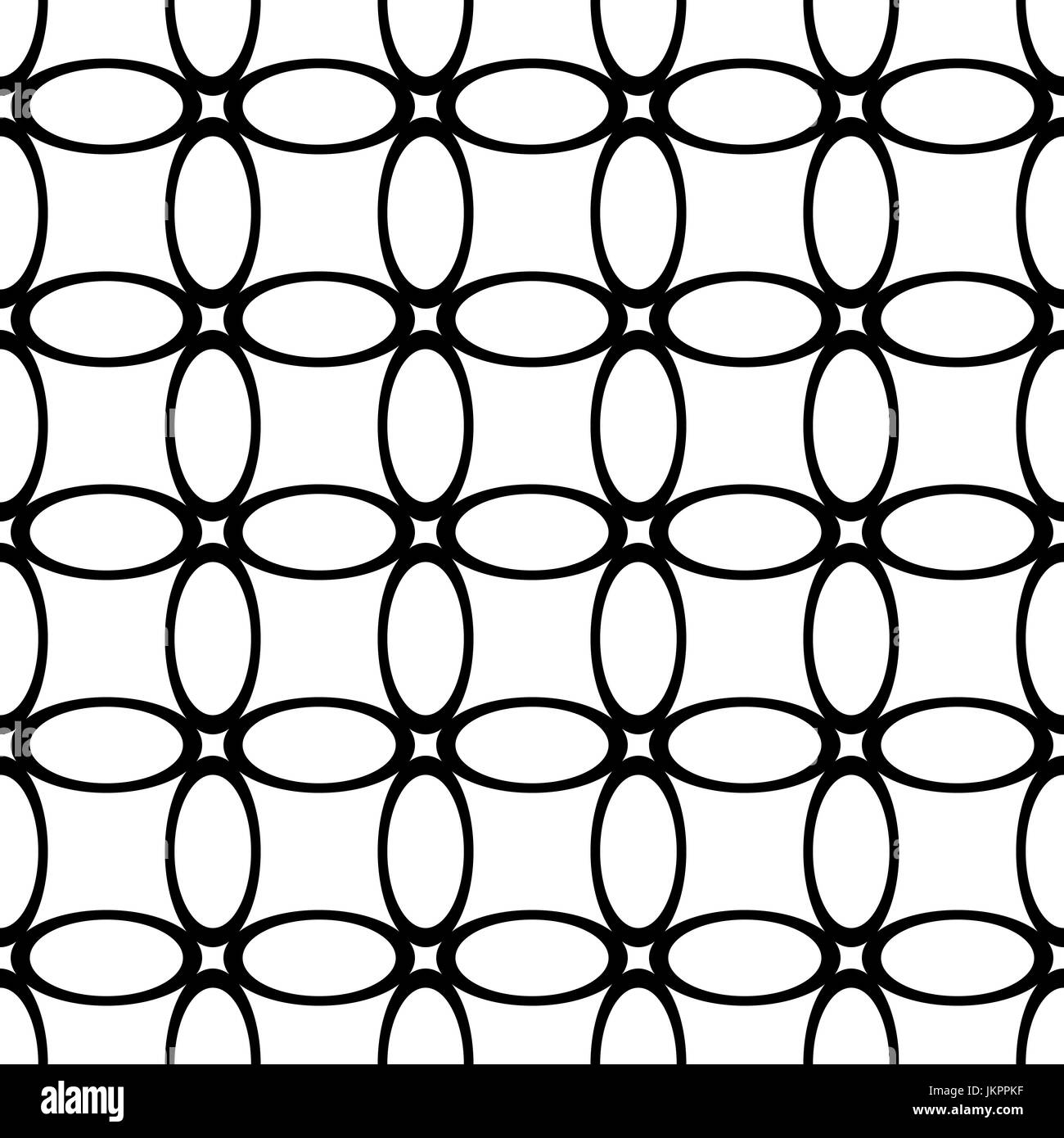 Black and white seamless geometrical ellipse grid pattern - vector background from curved oval ring shapes Stock Vector