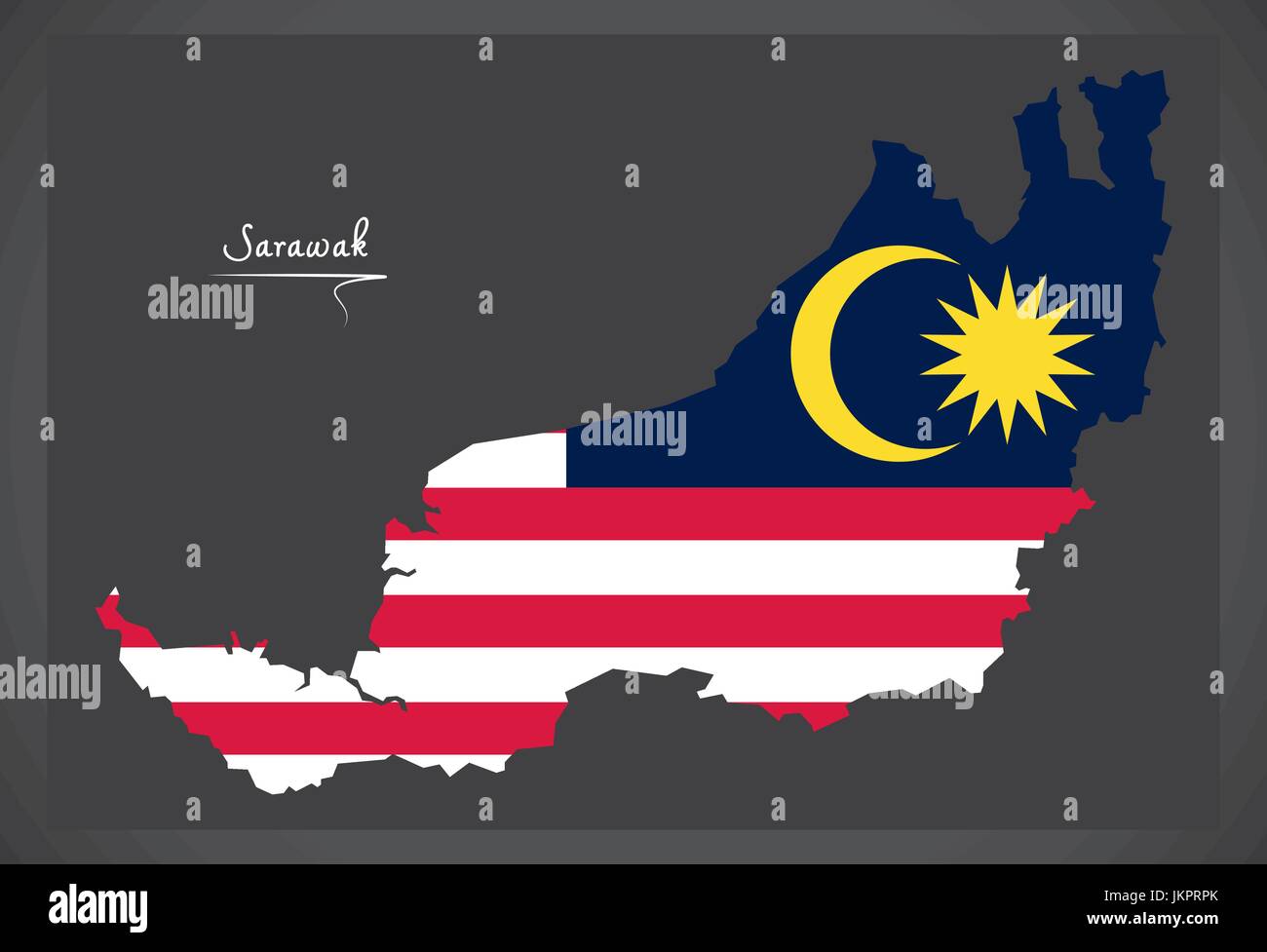 Sarawak Malaysia map with Malaysian national flag illustration Stock Vector