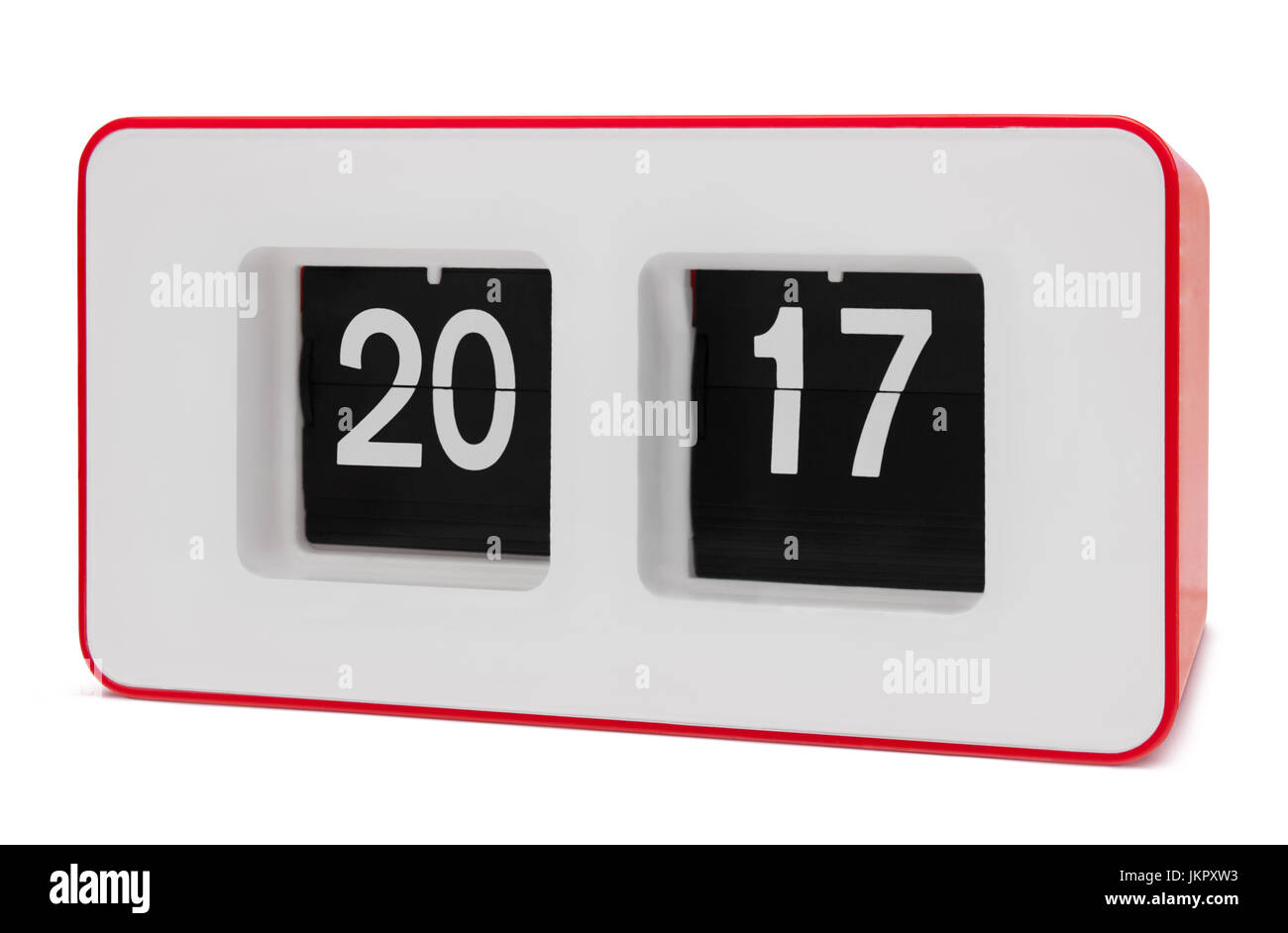 Retro red flip clock displays 2017 year, isolated on white with paths Stock Photo