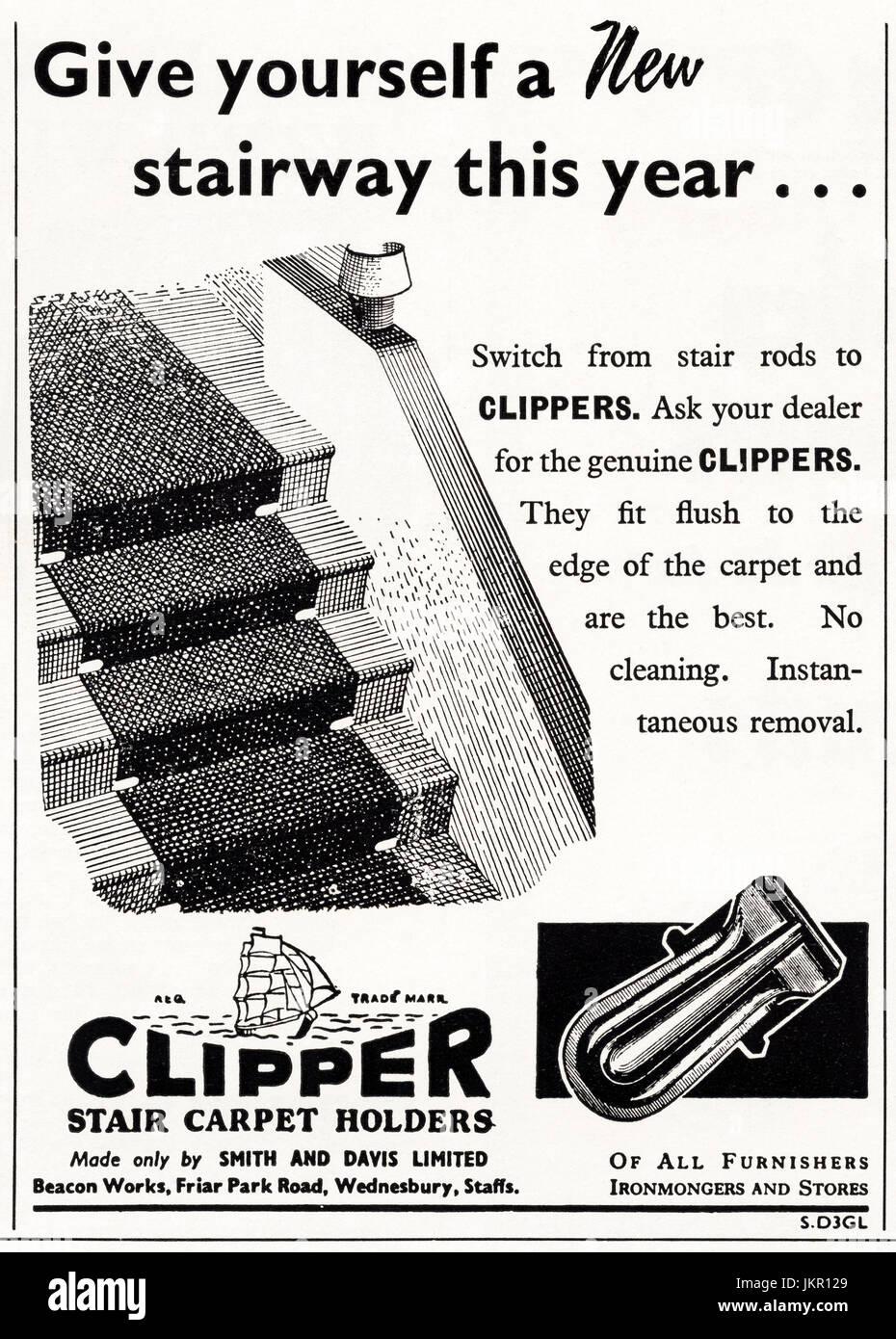 1950s old vintage original advertisement advertising Clipper stair carpet holders by Smith & Davis of Wednesbury Staffordshire England UK in magazine circa 1950 Stock Photo