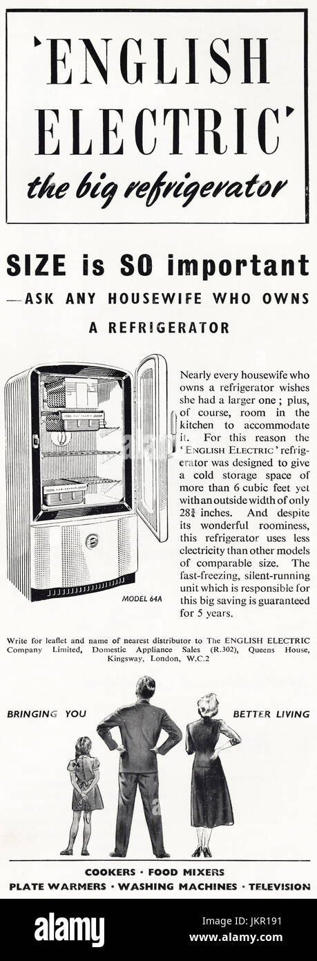 1950s old vintage original advertisement advertising English Electric refrigerator in magazine circa 1950 Stock Photo