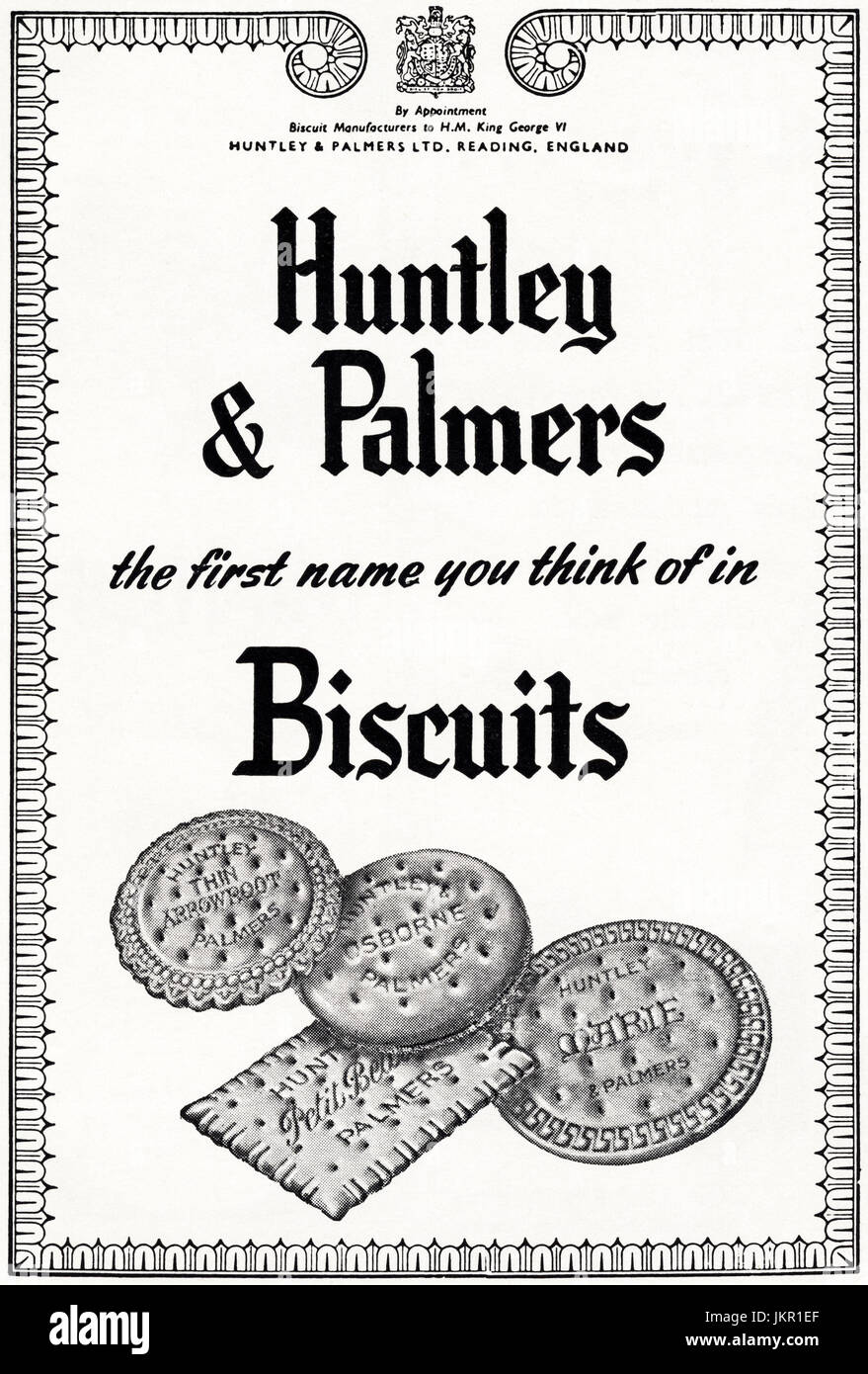 1950s old vintage original advertisement advertising Huntley & Palmers biscuits by Royal Appointment to H.M. King George VI in magazine circa 1950 Stock Photo