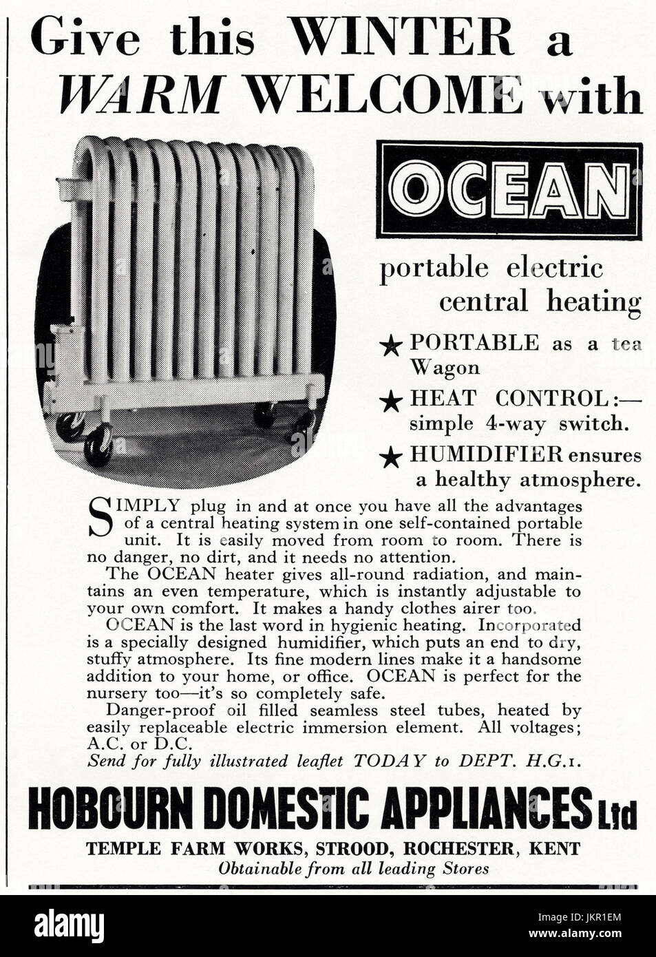 1950s old vintage original advertisement advertising Ocean portable electric central heating by Hobourn Domestic Appliances of Rochester Kent England UK in magazine circa 1950 Stock Photo