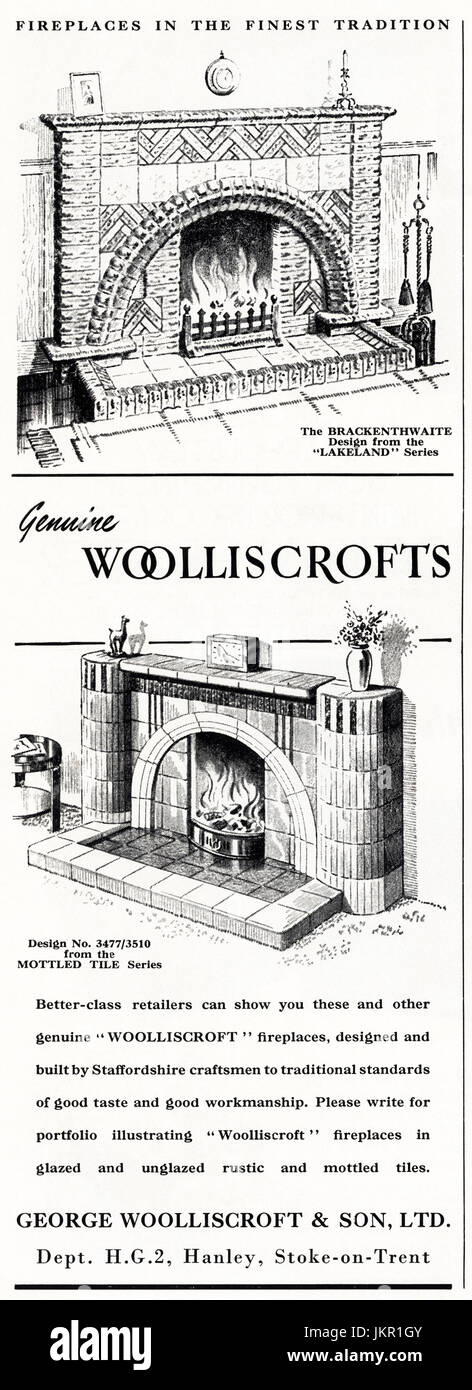 1950s old vintage original advertisement advertising tiled fireplaces by George Wooliscroft & Son Ltd of Hanley Stoke-on-Trent England UK in magazine circa 1950 Stock Photo
