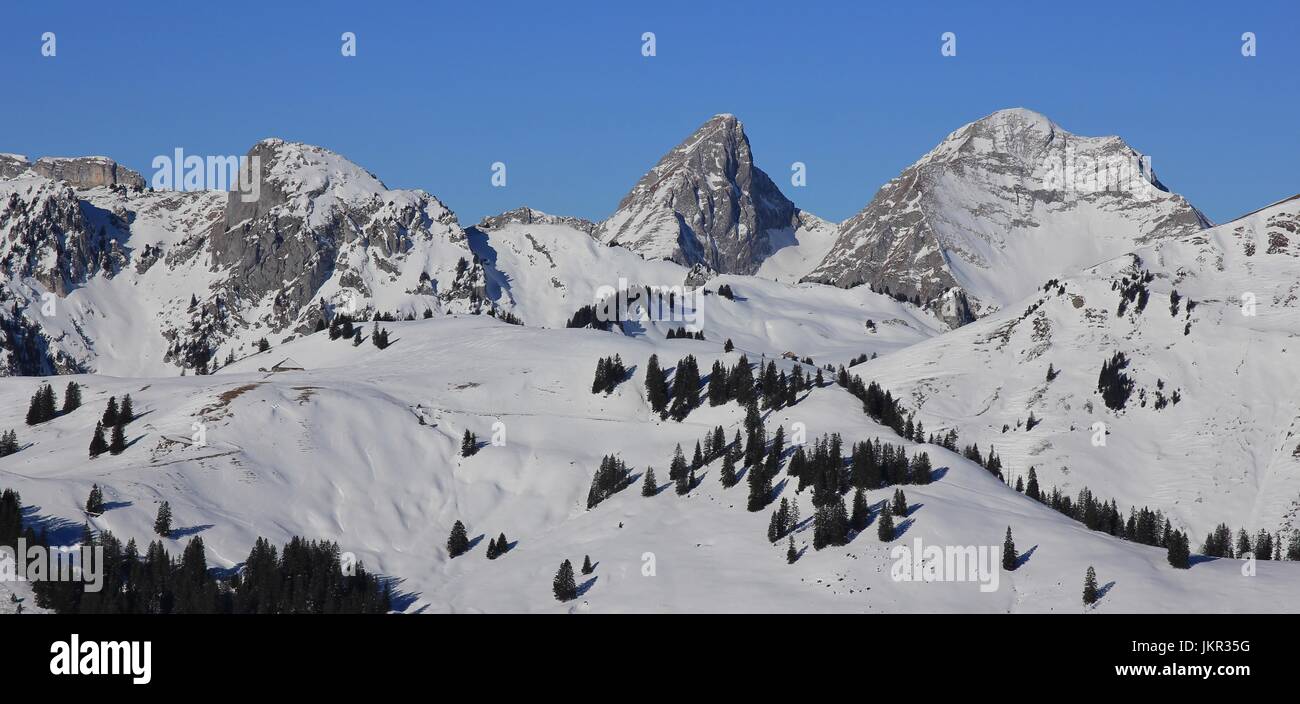 Winter landscape near Gstaad, Switzerland. View from mount Rellerli. Stock Photo
