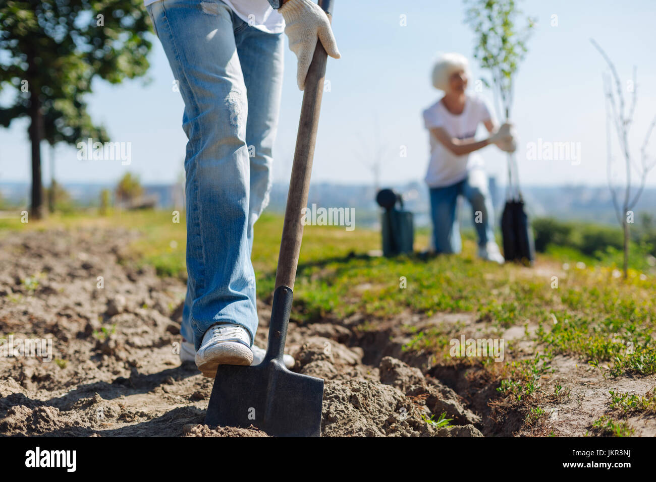 Energetic committed man using shovel to plan trees Stock Photo