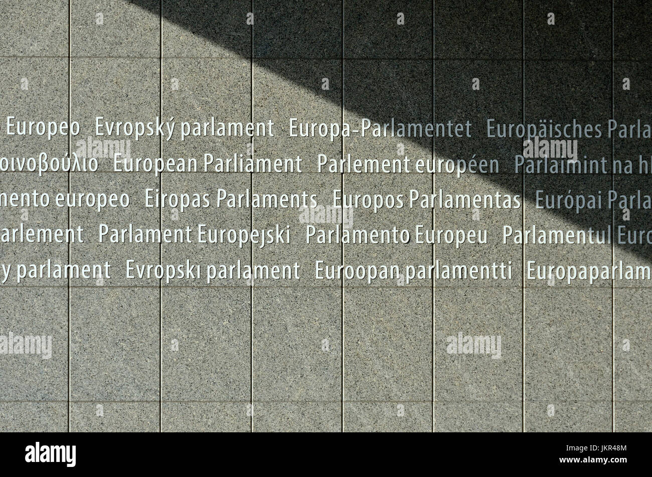 Brussels, Belgium. European Parliament Building. All the languages of the EU at the main entrance Stock Photo