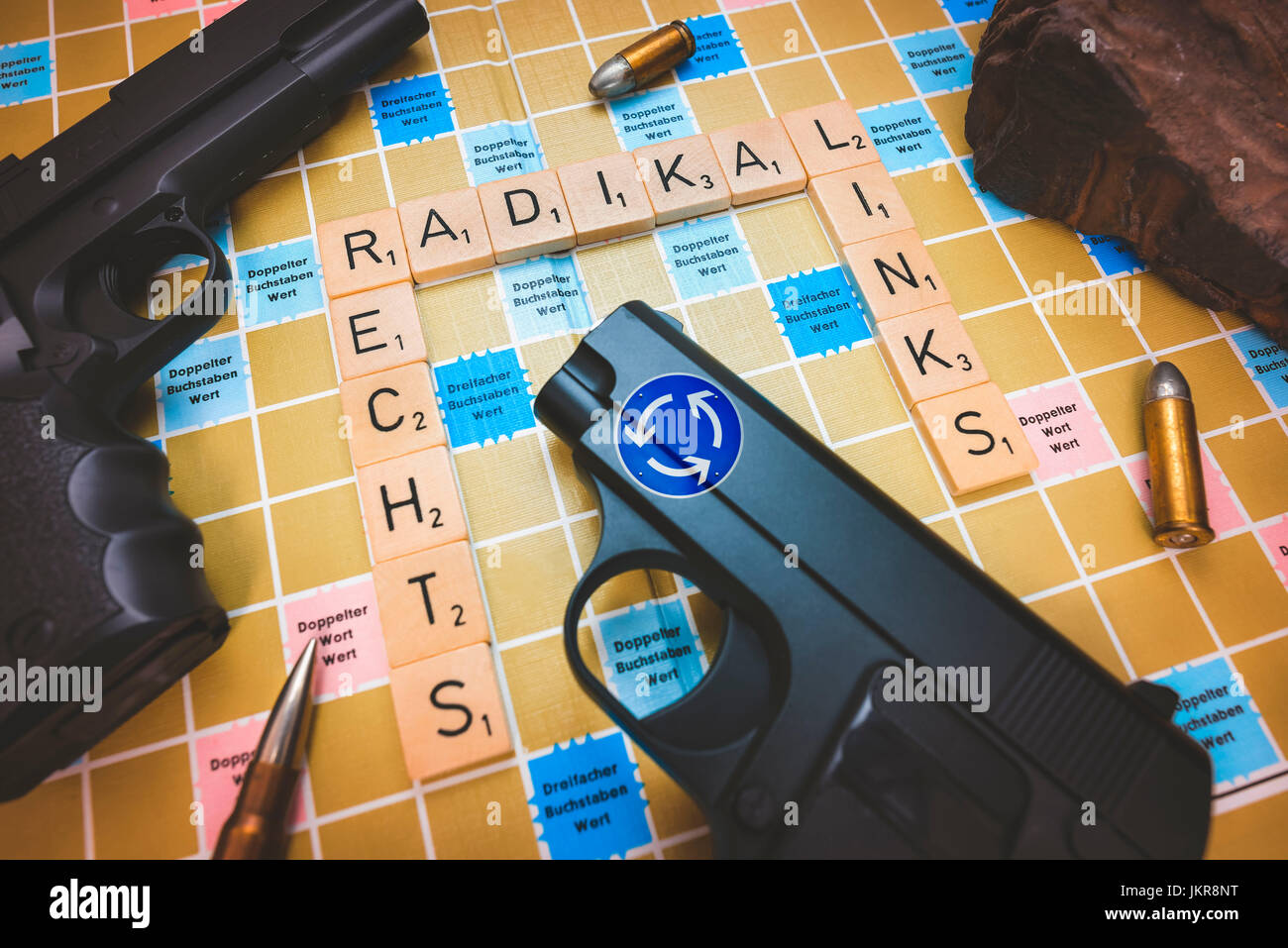 Letters form the words radically, on the left and on the right, symbolic photo danger by link extremism and right-wing extremism, Buchstaben bilden di Stock Photo