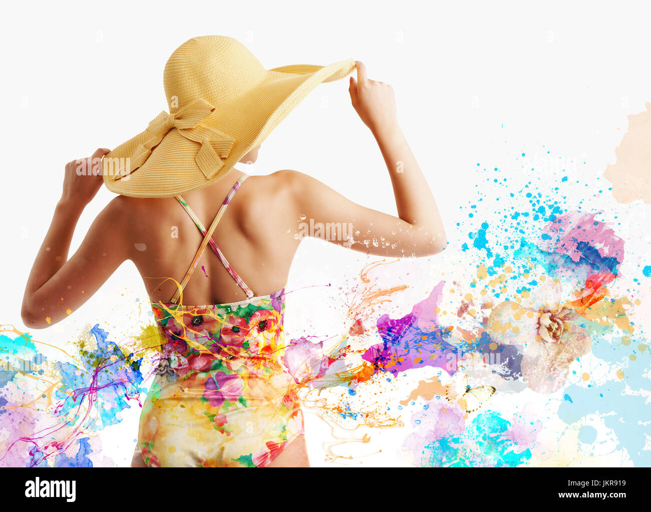 Girl with swimsuit with splash colorful effect Stock Photo