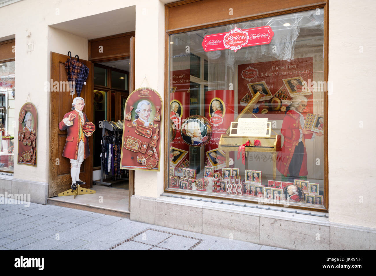 Mozart Kugeln chocolate shop, Salzburg, Austria Stock Photo
