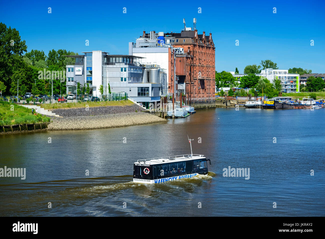 Swimming coach and tourist attraction harbour city Riverbus in Rothenburgsort, Hamburg, Germany, Europe, Schwimmender Bus und Touristenattraktion Hafe Stock Photo