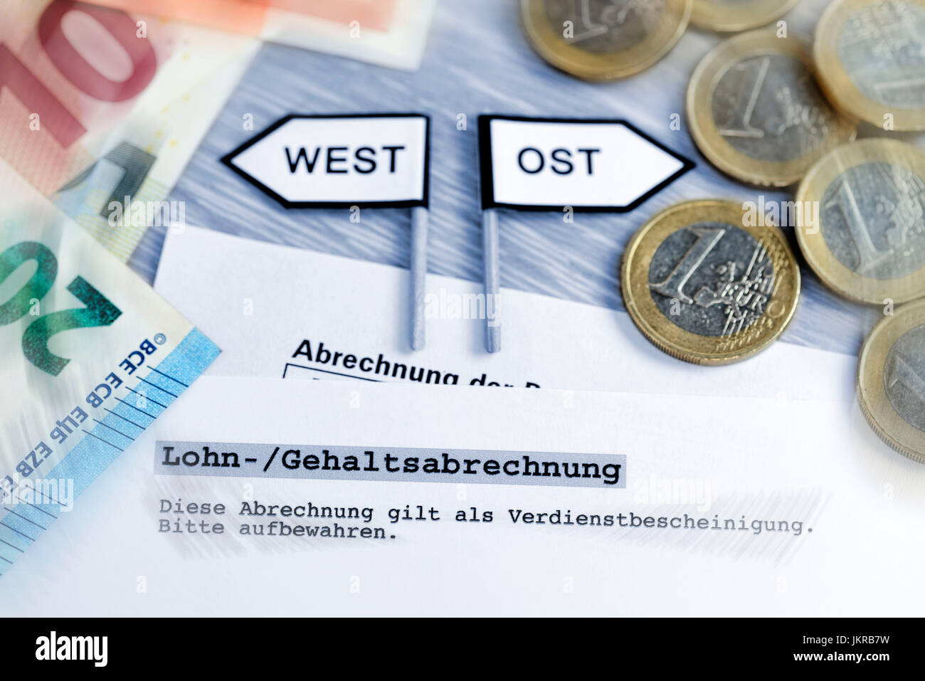 Signpost west and the east with bank notes and monetary coins, unequal salaries in west country and Eastern Germany, Wegweiser West und Ost mit Geldsc Stock Photo