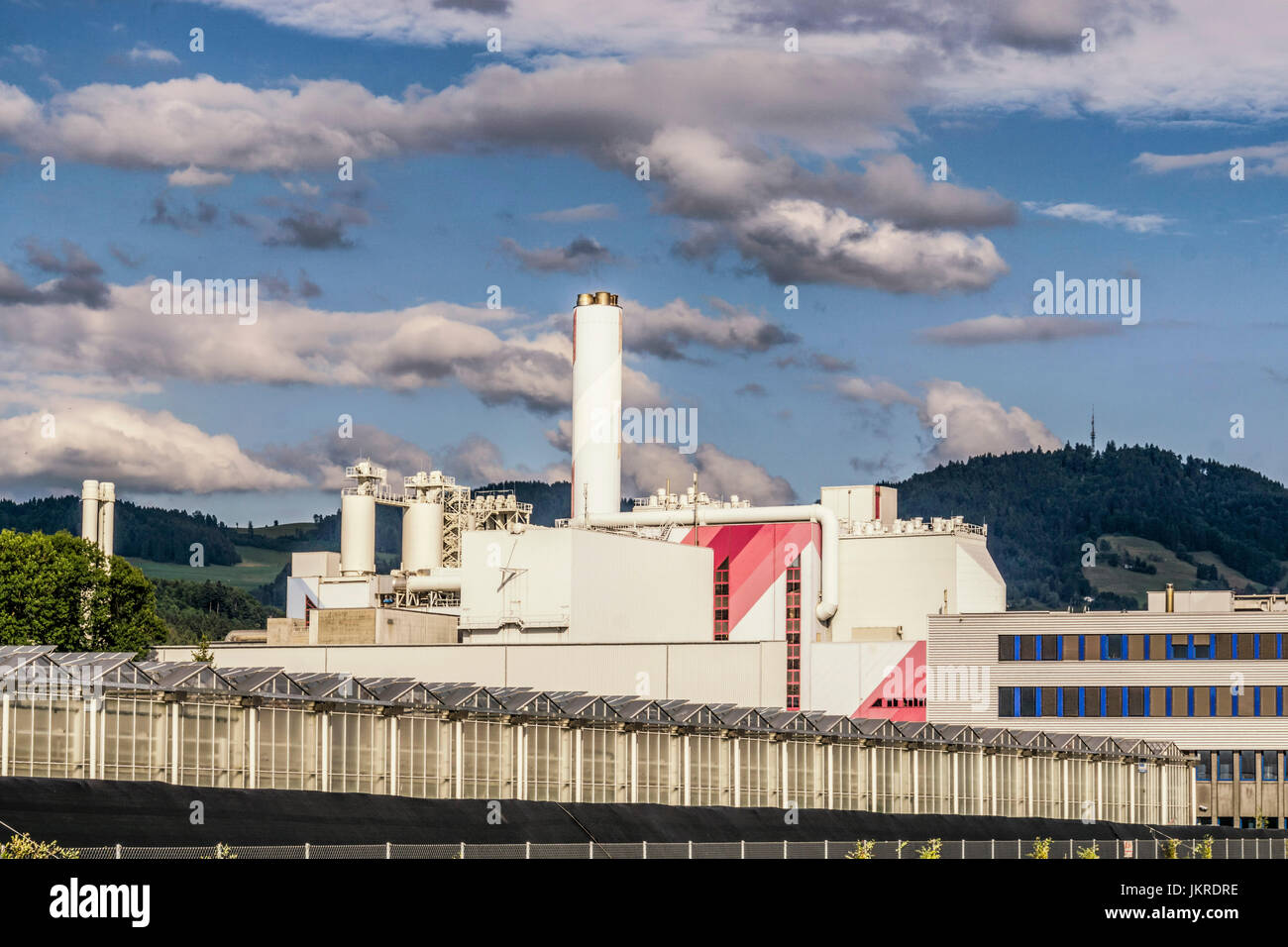 Direct Air Capture of CO2 in Hinwil, CO2 filter, Climaworks startup, KEZO , garbage Incineration, Zurcher Oberland, Switzerland, Stock Photo