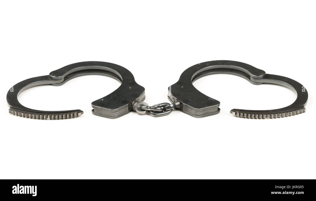 Metal police handcuffs on white background Stock Photo Alamy