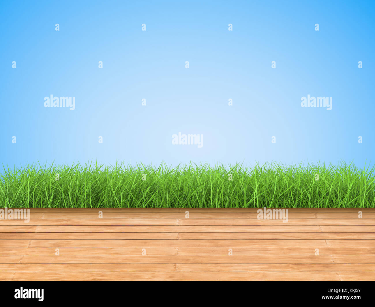 wooden floor with green grass on blue background Stock Photo - Alamy