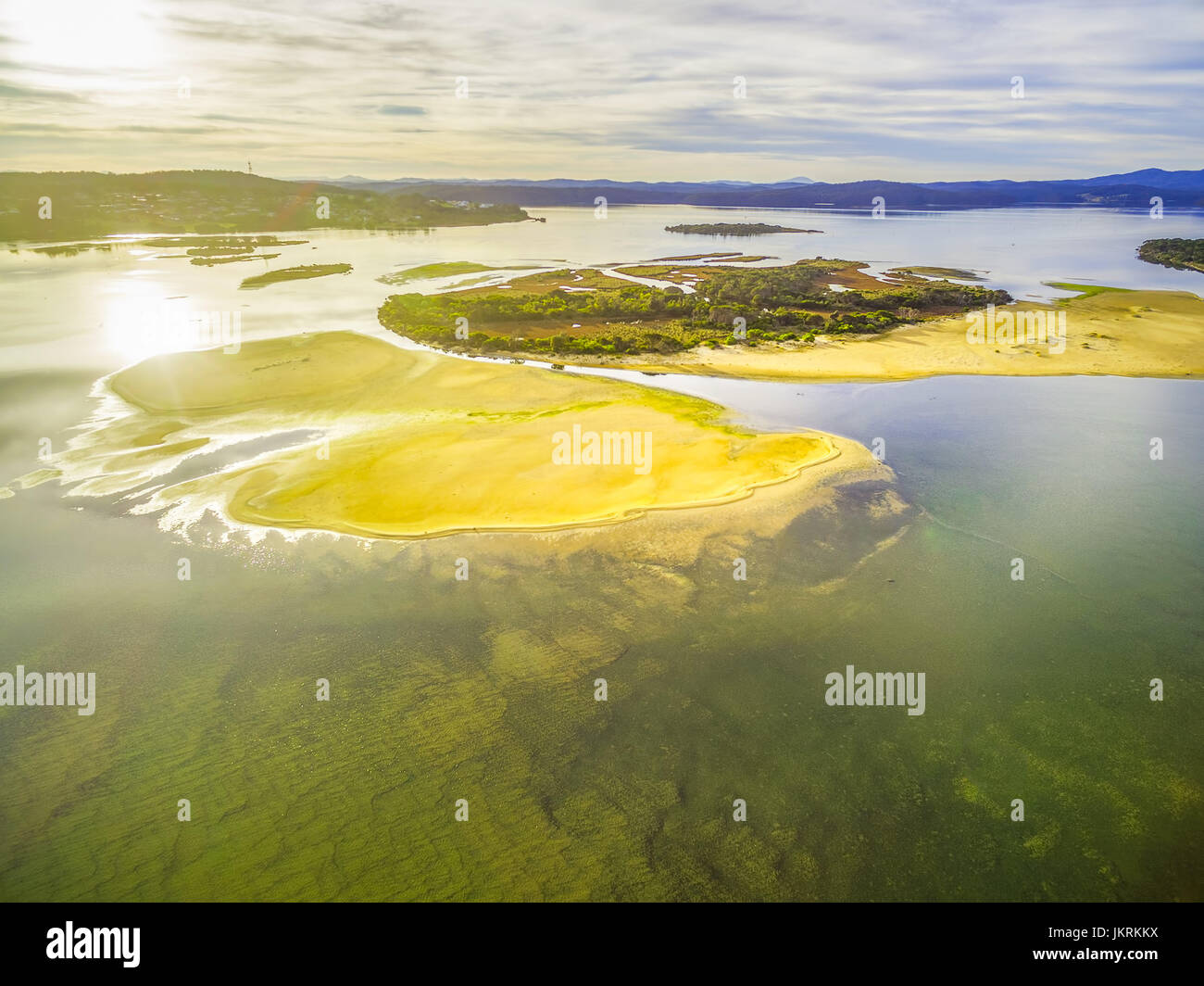 Aerial view of Goat Island near Mallacoota at sunset. Typical Australian landscape Stock Photo