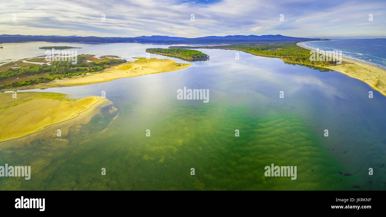Aerial panoramic view of Goat Island and Horse Island near Mallacoota