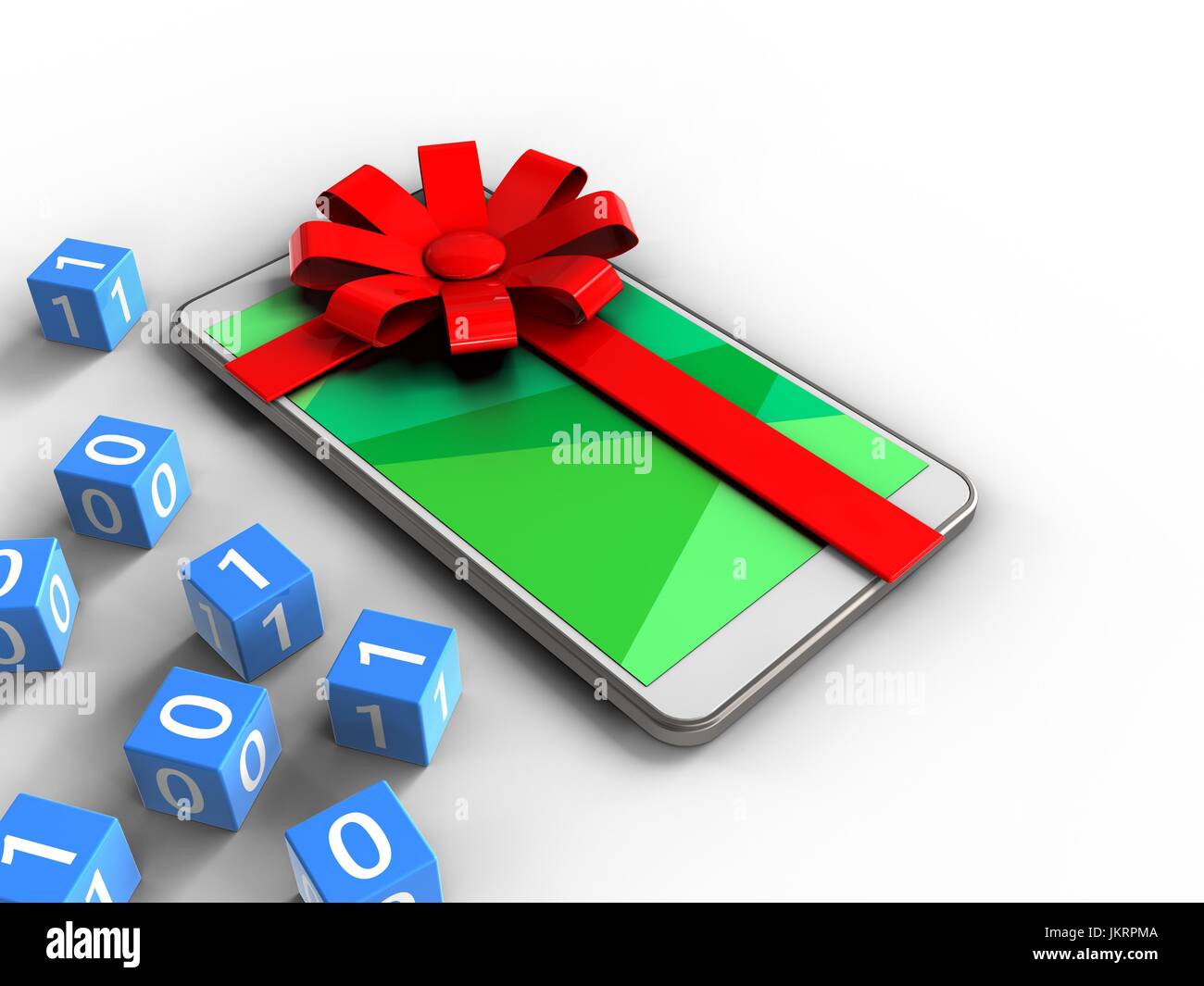 3d illustration of white phone over white background with binary cubes ...