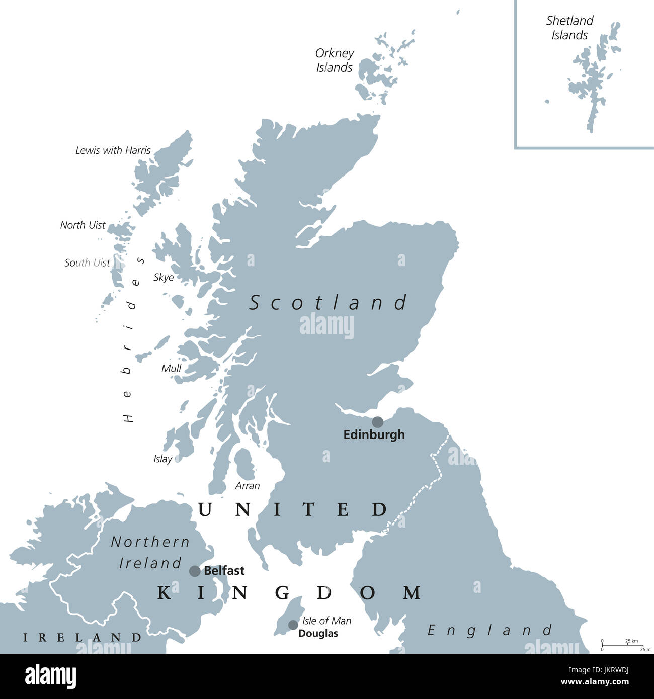 Scotland political map with capital Edinburgh. Country and part of the United Kingdom. Covers the northern third of the island of Great Britain. Stock Photo
