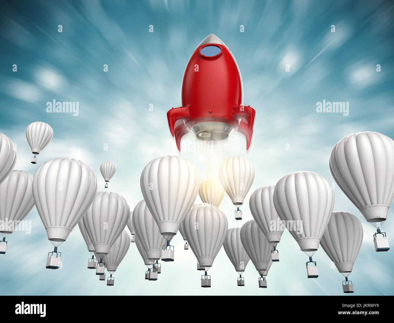 leadership concept with 3d rendering red rocket above blue hot air ...