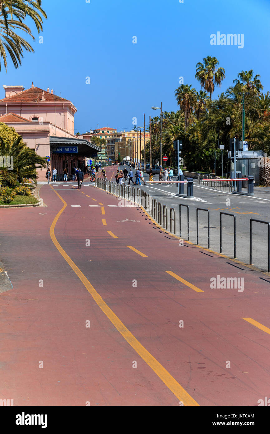 SAN REMO, ITALY - APRIL 29, 2016: Innovation by introducing a special road for bicycles Stock Photo