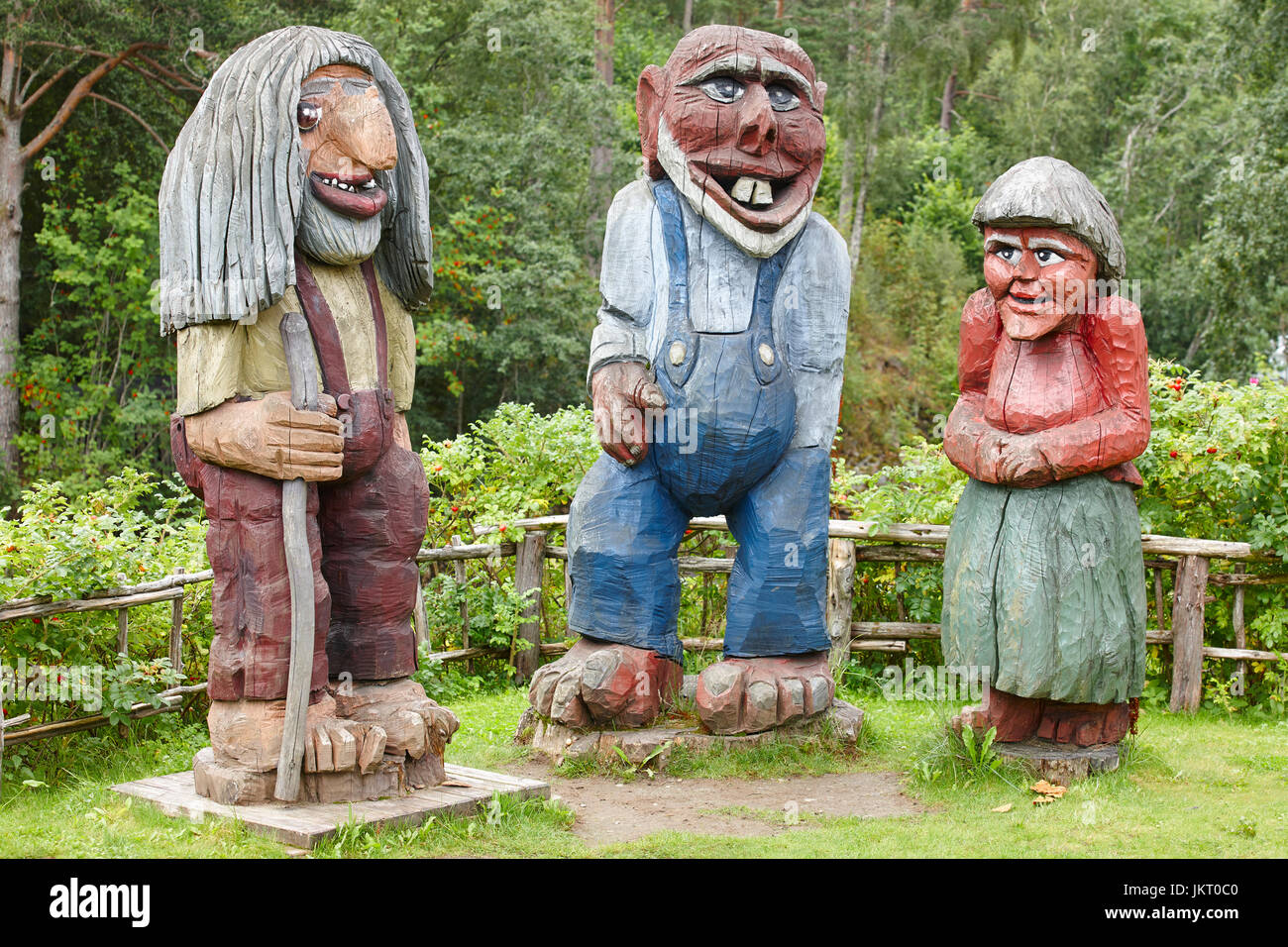 Norwegian carved wooden trolls. Scandinavian folklore. Norway. Horizontal Stock Photo
