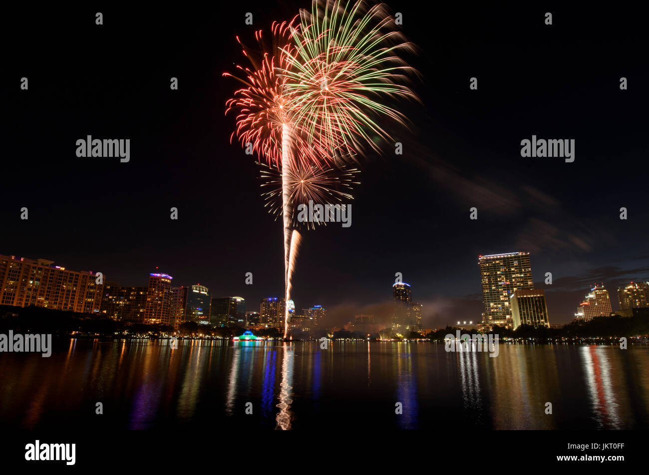 Fourth of July fireworks at Lake Eola Park in downtown Orlando, Florida