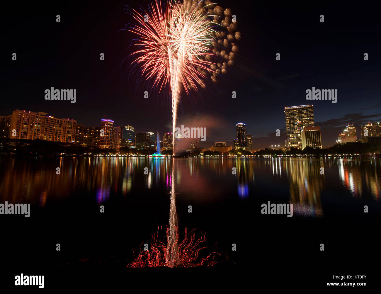 Fourth of July fireworks at Lake Eola Park in downtown Orlando, Florida