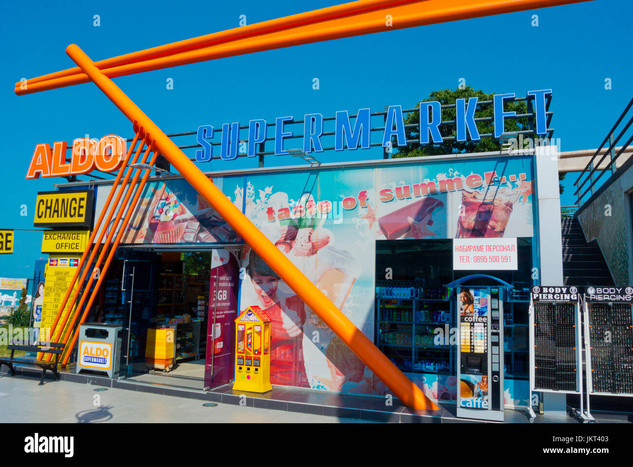 Aldo supermarket, on beach promenade, Zlatni pyasatsi, Golden Sands,  Bulgaria Stock Photo - Alamy