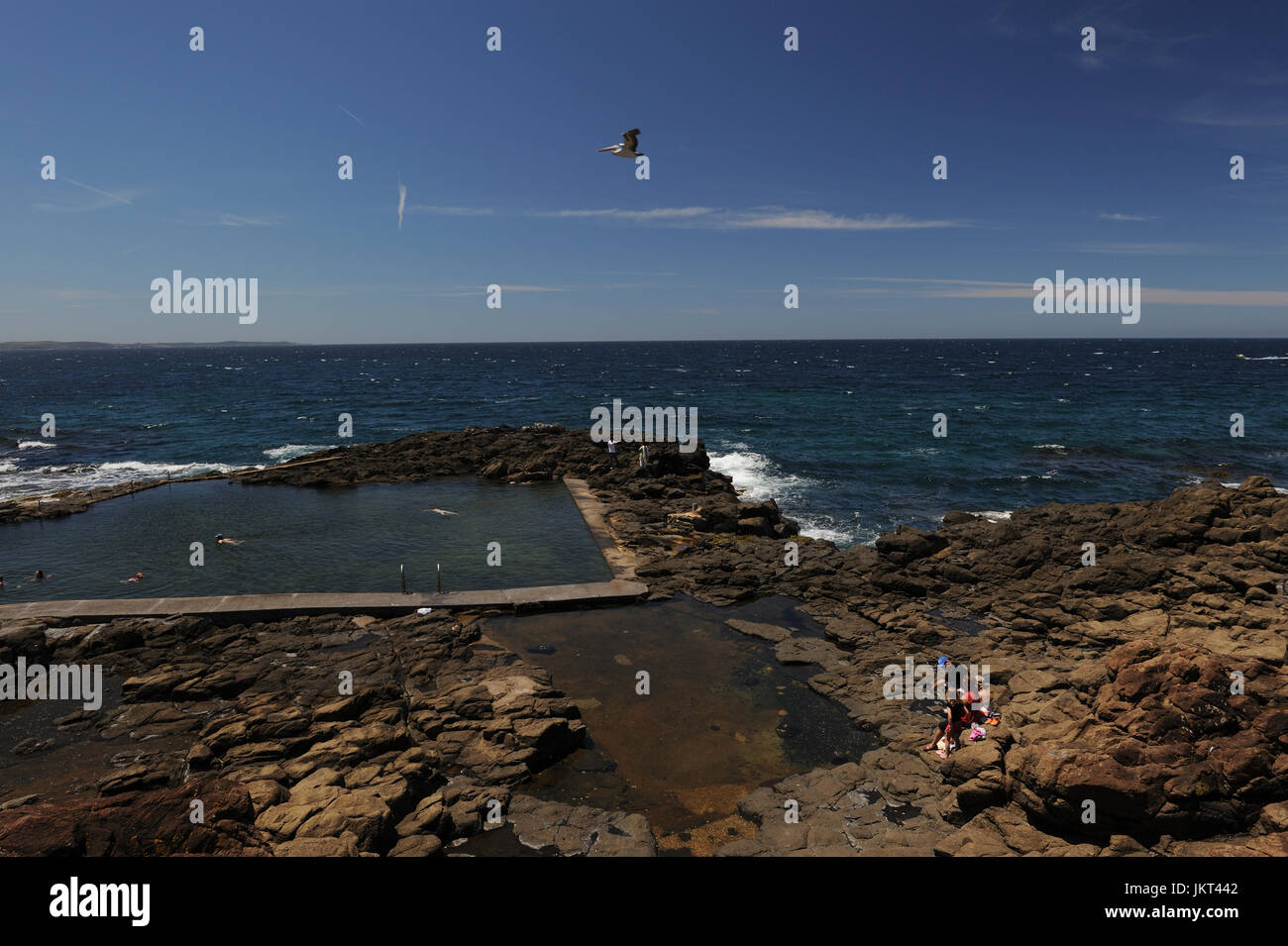 Rock pool with people swimming and lazing about. Pelican (Pelecanus) flying through. Kiama. New South Wales. AUSTRALIA Stock Photo
