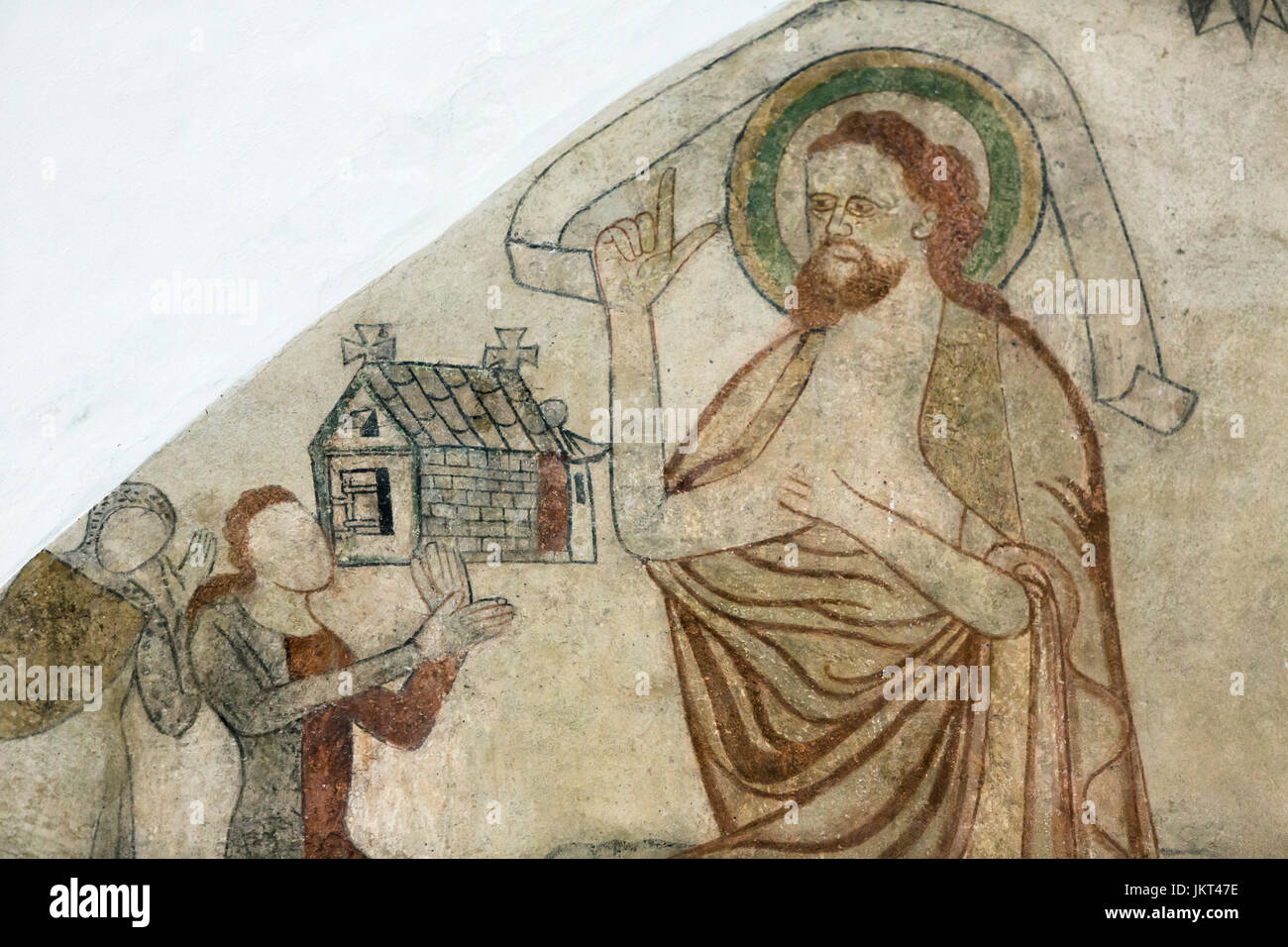 Danish medieval religious fresco from the 14th century in the Romanesque  style Oerslev Church depicting a squire presenting a church to John the  Bapti Stock Photo - Alamy