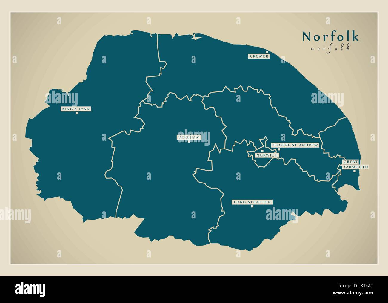 Modern Map Norfolk county with districts and cities UK illustration