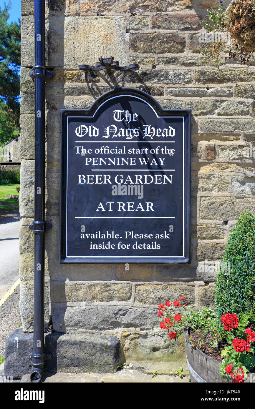 Sign on the Old Nags Head, start of the Pennine Way, Edale, Derbyshire, Peak District National Park, England, UK. Stock Photo
