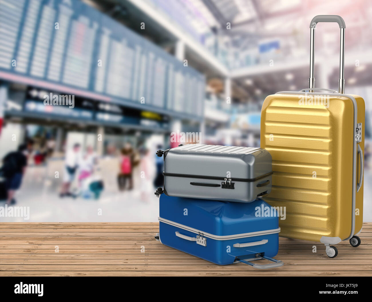 3d rendering hard case luggages with airport background Stock Photo - Alamy