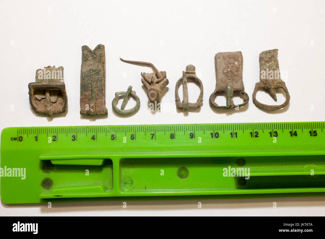 Museum display of buckles and clasps from Middle Ages Stock Photo